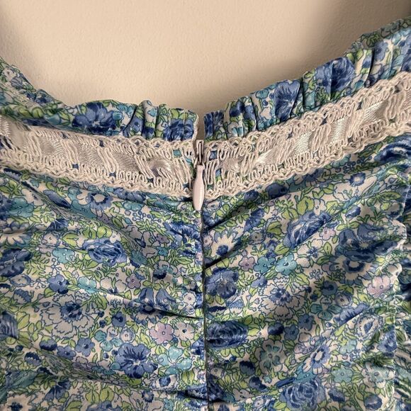 For Love & Lemons Blue Floral Alana Ruched Mini Dress | Bodycon Puff Sleeves - Picture 11 of 11